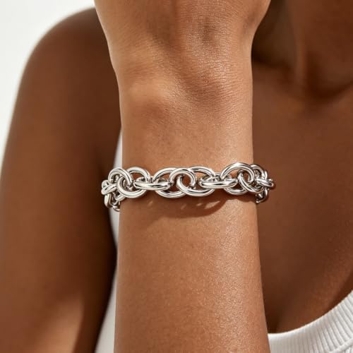Chunky Gold Bracelet for Women Non Tarnish, Trendy Stretch Cuban Link Chain Plated Gold Bangle Bracelets - color: O-Small-Silver