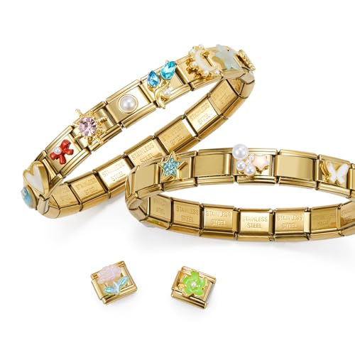 Stainless Steel Italian Charm Bracelet, 18 Link Starter Bracelet 9mm Charms | Italian Charm Bracelet with 9Pcs/20Pcs Charms and Opening Tools, Classic 9mm Modular Charm, Personalized Jewelry Gift - color: E-Gold