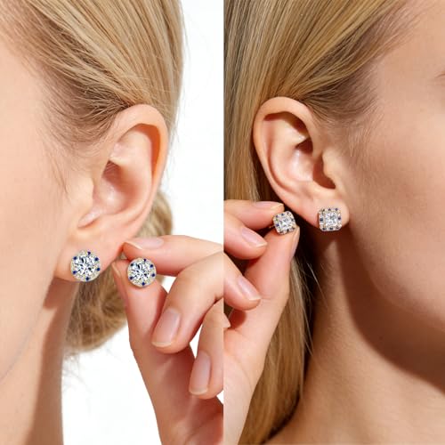 Titanium Stud for Sensitive Ears, Gold Plated Halo Cubic Zirconia Earrings - color: Round & Square Yellow Stud