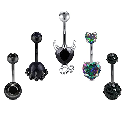 Belly Button Rings Stainless Steel 14G CZ Opal Navel Rings Barbells Women Girls Belly Piercing Jewelry - color: Black Color-Style B: 5 PCS