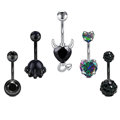 Belly Button Rings Stainless Steel 14G CZ Opal Navel Rings Barbells Women Girls Belly Piercing Jewelry - color: Black Color-Style B: 5 PCS