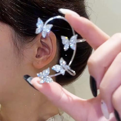 Butterfly Ear Cuff Earrings Sparkly Butterfly Ear Wrap Clip On Earrings Fairy Right Left Ear Cuffs Non Piercing - color: Silver
