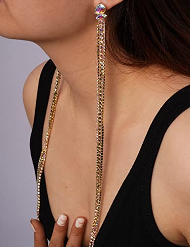 Missgrace Women Bohemian Dainty Dangle Long Tassels Statement Earrings Trendy Unique Full Rhinestones Shiny Bar Disco Earrings for Women