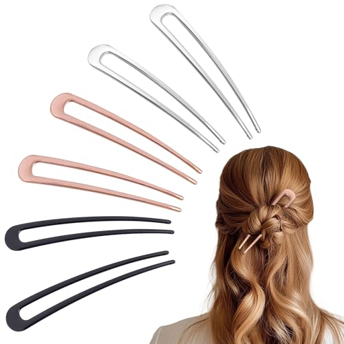 6Pcs Metal French Hair Pins for Women U Shape Sticks 3.9 Inch Vintage Fork for Hairstyle Accessories(Black/Rosegold/Silver） - color: Black/Rosegold/Silver