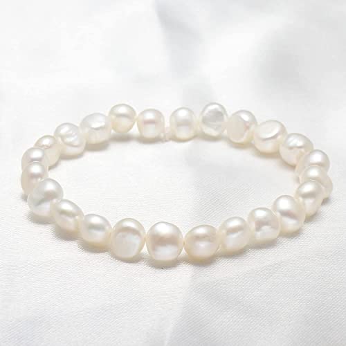 Handmade Women's Pearl Bracelet | Stretchy Beaded 7-8mm Baroque Pearl Bracelet for Ladies and Girls - Pink, Black, White, Grey, Multicolor - color: White