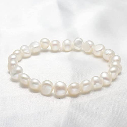 Handmade Women's Pearl Bracelet | Stretchy Beaded 7-8mm Baroque Pearl Bracelet for Ladies and Girls - Pink, Black, White, Grey, Multicolor - color: White