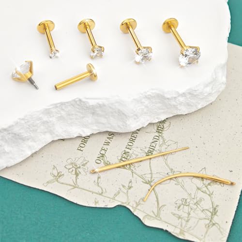 4 Pairs 16G 18G Flat Back Stud Earrings, Hypoallergenic Surgical Steel Set | CZ 2-5mm, internal thread design for nose and tragus piercings use, includes ball grabber tool for easy jewelry changes - color: 18G CZ 2/3/4/5mm Gold