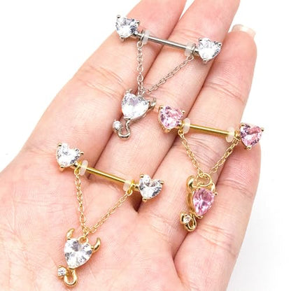 14G Devil Heart Dangle Nipple Rings for Women Girls Stainless Steel Sparkling CZ Love Heart Ball Chain Dangling Nipplerings Nipple Studs Piercing Barbell Body Jewelry - color: Silver