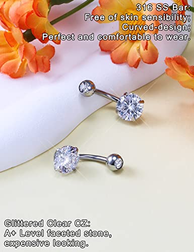 Long Belly Button Ring 6mm 8mm 10mm 12mm 14mm Surgical Stainless Steel Round Cubic Zirconia Navel Barbell Long Bar Belly Button Piercing Jewelry Silver, black, rose gold belly ring - color: 2pcs-8mm-Silver navel ring