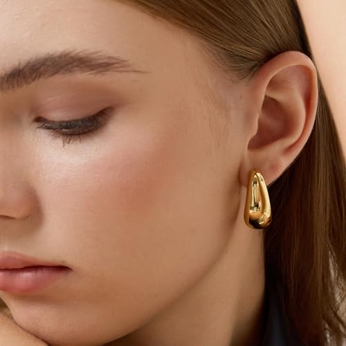 FRUMOS 18K Gold Plated Chunky Hoop Earrings for Women Fashion Thick Gold Hoops Set Jewelry for Birthday Christmas Gifts - color: Teardrop Earrings