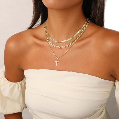 Layered Gold Cross Necklaces for Women, Stack Stackable 14K Gold/Silver Plated Cubic Zirconia Pendant Necklace Set Dainty Choker Layering Necklaces for Women Faith Jewelry Religious Gift - style: Gold-1