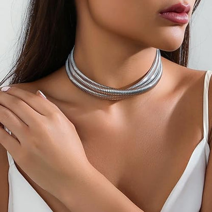 Badu Chunky Gold Stainless Steel Choker Necklace For Women Stretch Snake Shain Non Tarnish Gold Triple Necklace - color: Silver