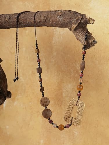 MINACHI Handmade Braided Necklace for Women, Wooden Beads, Rattan Charm, Vintage Style, Gift Jewelry - style: Necklace R21-034