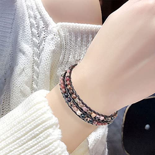 Genuine Stone Wrap Bracelets for Women Natural Crystal Beaded Wrap Bracelet 2/3/5 Adjustable Bohemian Bracelets Jewelry Gifts for Women Mom - color: rhodonite(2 wraps)