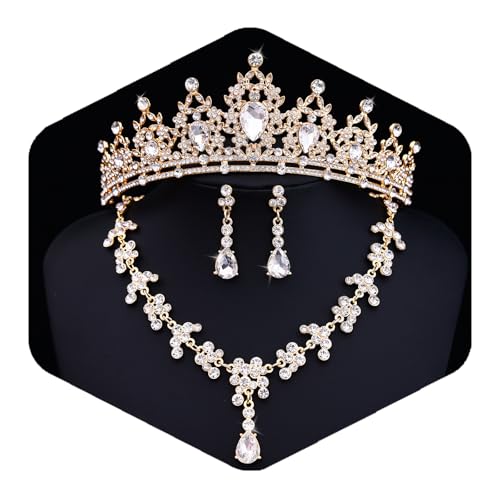 Crystal Crown and Tiara Jewelry Set for Women Bride with Necklace Earrings | Metal Rhinestone Royal Queen Princess Jewelry Set Wedding Quinceanera Pageant Prom Birthday Halloween Party Costume Gift - color: Gold
