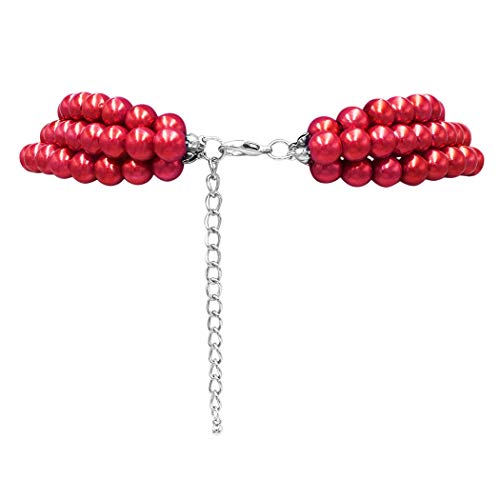 Rosemarie & Jubalee Women's 3 Colorful Multi Strands Simulated Pearl Necklace And Earrings Jewelry Gift Set, 18"+3" Extender - color: Metallic Red Silver Tone