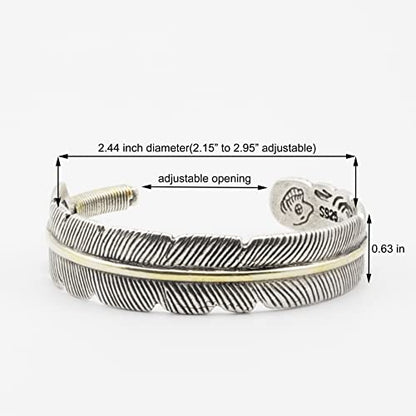 Innocence S925 Silver-Plated Antique Wide Feather Cuff Bracelet For Men Women Adjustable Retro Twisted Feathers Bracelets Gift Jewelry - color: Feather