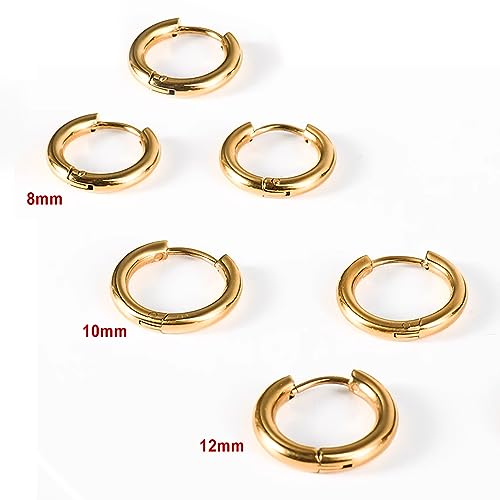 Silver Gold Hoop Earrings for Women Men, 316L Surgical Stainless Steel Huggie Hoop Earrings Set Hypoallergenic Small Cartilage Earrings Lightweight Hoop Earrings Huggie Set - color: Gold--8/10/12mm