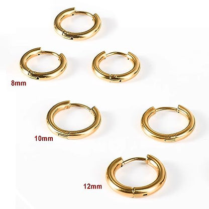 Silver Gold Hoop Earrings for Women Men, 316L Surgical Stainless Steel Huggie Hoop Earrings Set Hypoallergenic Small Cartilage Earrings Lightweight Hoop Earrings Huggie Set - color: Gold--8/10/12mm