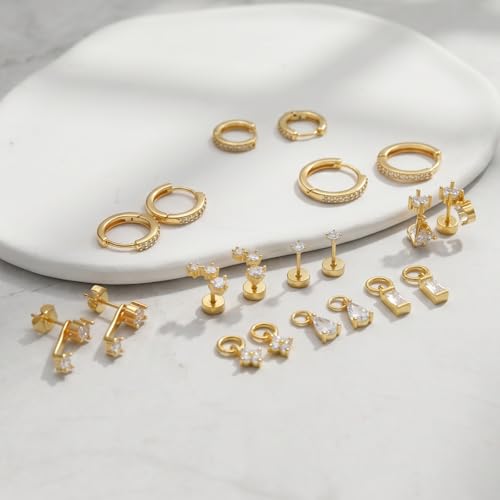Stainless Steel Stud Earrings Set for Women Hypoallergenic Flat Back Cartilage Earrings Screw Back Huggie Hoop Earrings Multiple Piercing Cubic Zirconia Helix Tragus Jewelry - color: Set-E-14K Gold Plated