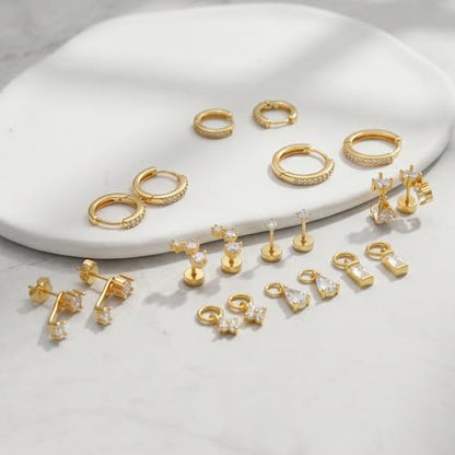 Stainless Steel Stud Earrings Set for Women Hypoallergenic Flat Back Cartilage Earrings Screw Back Huggie Hoop Earrings Multiple Piercing Cubic Zirconia Helix Tragus Jewelry - color: Set-E-14K Gold Plated