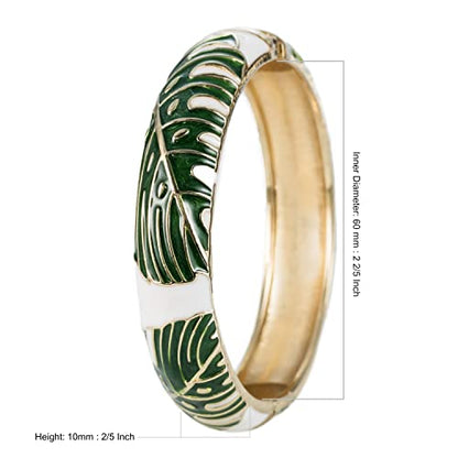Hawaiian Monstera Luau Leaves Hinged Clasp Fashion Enamel Bangle Bracelet - color: Green
