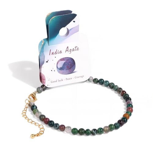 Natural Stone Beaded Anklets for Women, Handmade Boho Clear Quartz 4mm Crystal Beads Anklet, Gold Chain Adjustable Ankles Bracelet, Beach Summer Jewelry Gemstone Foot Bracelet Gift - color: Indian Agate