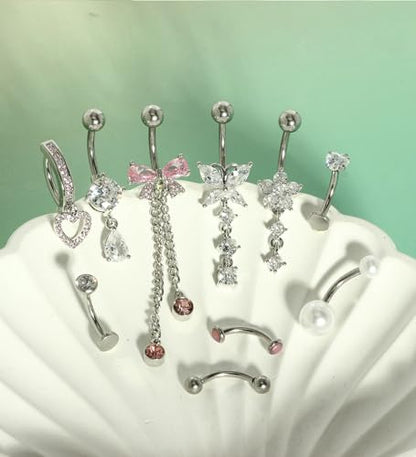 Dangle Floating Gold Belly Button Ring Surgical Stainless Steel Navel Piercing Set Hypoallergenic Small 14g Belly ring Heart Short Cute Pink Dangly Belly Piercing Jewelry for Women - color: silver