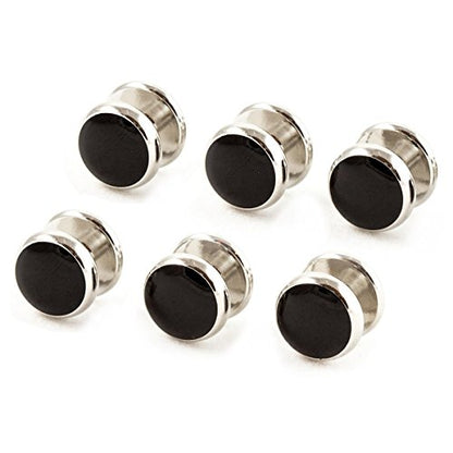 Cuff-Daddy Silver Black Enamel Shirt Studs Set for Tuxedo Wedding Party and Groomsmen in Velour Pouch - color: 6 Studs