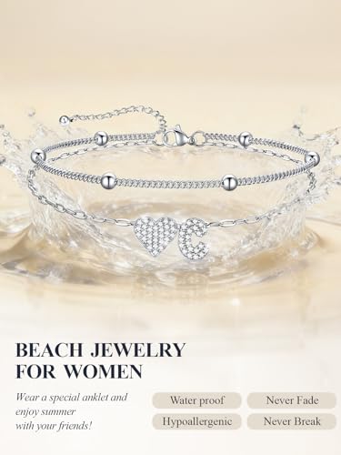 U7 Heart Initial Ankle Bracelets for Women Waterproof, Silver/14K Gold Plated Anklets CZ Initial Heart Anklets Stainless Steel Summer Beach Ankle Adjustable 8.5"-10.5" - color: Silver