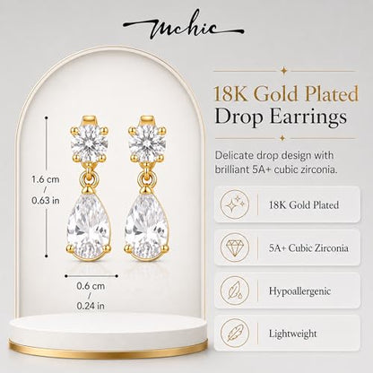 Mchic Dangle Earrings for Women: 18K Gold Plated CZ Drop Earrings Dainty Trendy Hypoallergenic Teardrop Bridal Wedding Style, Sparkly Elegant Dangling Jewelry Gift for Women Bridesmaid Prom Formal - color: Style 2-Gold
