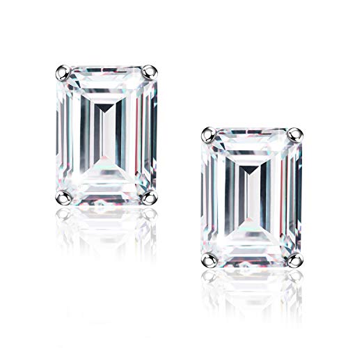 "STUNNING FLAME" Trillion-cut/Cushion-cut/Emerald-cut/Marquise-cut ... 18K White Gold Plated Sterling Silver Cubic Zirconia Simulated Diamond Stud Earrings for Women - color: Emerald-Cut, size: small-white gold plated silver