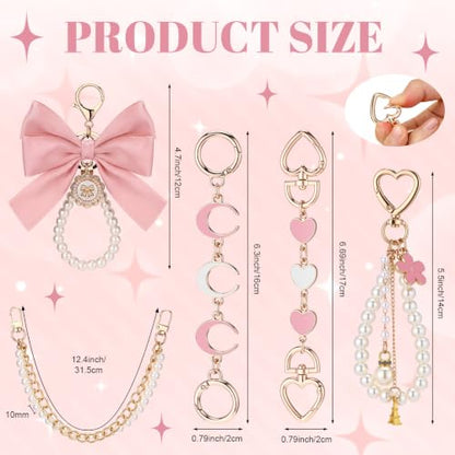 Sureio 5 Pcs Bag Extender Chain Pearl Purse Chain Ribbon Bow Keychain Extender Bag Strap Purse Charms Accessories for Handbag - color: Pink and White