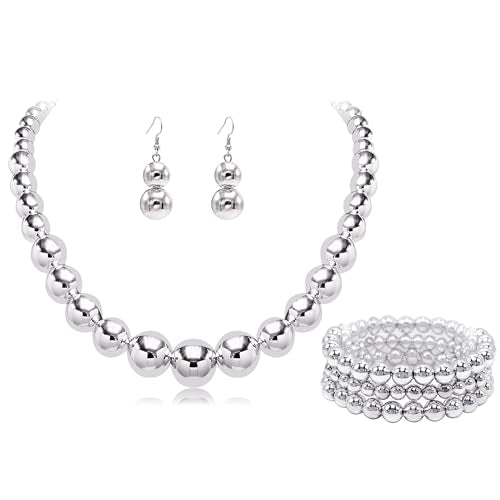 Cryshimmer Pearl Choker Necklace for Women Faux Pearl Beads Strand Necklace Earring Set Costume Jewelry,Gift for Wife Mother - color: Silver Set-1 Jewelry Set