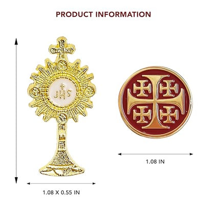 Catholic Enamel Pin Set, 2 Pack, Jerusalem Cross & Eucharistic Monstrance IHS, Gold, Religious Lapel Pins, Faith Gifts for Men & Women