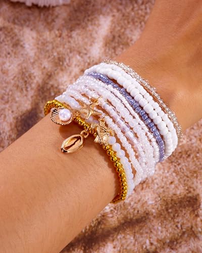 Shell Bracelets for Women Layered Seashell Starfish Bracelets Stackable Stretch Boho Beaded Bracelet Summer Beach Surfer Bracelet Seaside Beach Dress Outfits Accessories - color: A8:shell bracelets