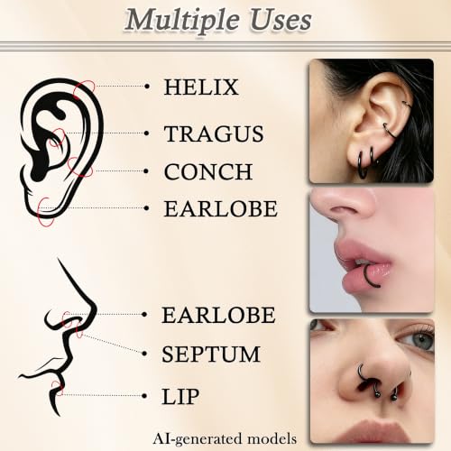 16G Horseshoe Septum Nose Rings 316L Surgical Steel Cartilage Tragus Helix Rook Daith Hinged Clicker Earring Snake Bites Lip Piercing Jewelry for Women Men 10mm 3/8 inch Silver Black Gold - color: Black
