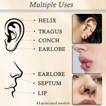 16G Horseshoe Septum Nose Rings 316L Surgical Steel Cartilage Tragus Helix Rook Daith Hinged Clicker Earring Snake Bites Lip Piercing Jewelry for Women Men 10mm 3/8 inch Silver Black Gold - color: Black