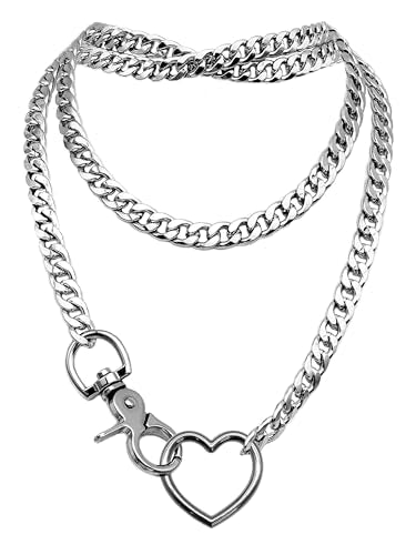 paloli Women's Slip Chain Rainbow Heart O-Ring Chunky Chain Necklace, Rays Cuban Long Layered Jewelry, Adjustable Lariat Y-Necklace Heart Loop Choker - color: B-Heart-Silver