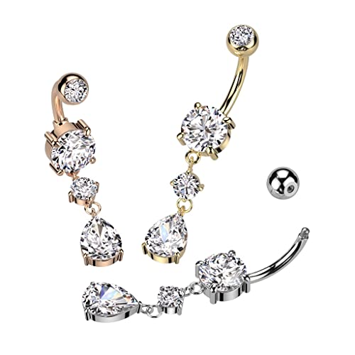 Pierced Owl 14GA 316L Stainless Steel CZ Crystal Tear Drop Dangling Belly Button Ring - style: Gold Tone