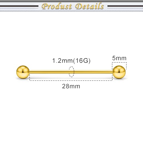 16G 14G Surgical Steel Tongue Rings Nipple Rings Industrial Piercing Jewelry Set Multi Size Straight Barbells 12mm 14mm 16mm 19mm 22mm 28mm 32mm 35mm 38mm 40mm 45mm for Women Men - color: goldtone, size: 16g,bar length 28mm
