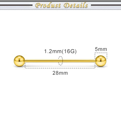 16G 14G Surgical Steel Tongue Rings Nipple Rings Industrial Piercing Jewelry Set Multi Size Straight Barbells 12mm 14mm 16mm 19mm 22mm 28mm 32mm 35mm 38mm 40mm 45mm for Women Men - color: goldtone, size: 16g,bar length 28mm