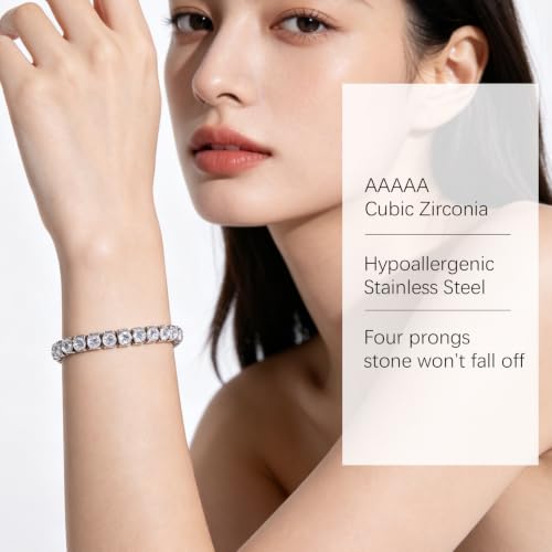 Tennis Bracelets for Women Men Adjustable, AAA Cubic Zirconia Stainless Steel Bracelet Sparkle Simulated Diamond Bangle - color: Silver