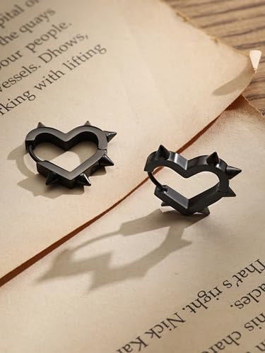 Huggie Hoop Spike Heart Earrings, Gothic Punk Grunge Emo Y2k Earrings, Goth Jewelry, Christmas Jewelry Gift For Women - color: black