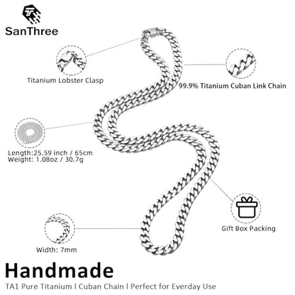 SanThree 7mm Pure Titanium Curb Link Chain Necklace, Smooth Skin Friendly Solid Titanium Chunky Double Tight Cuban Chain Necklaces Gift for Men Women Sensitive Skin Hip Hop Jewelry - color: 25.59 Inches
