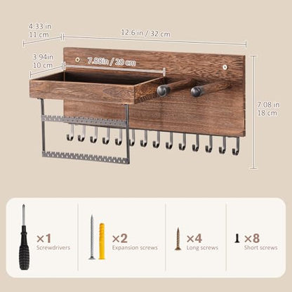 Lolalet Wall Mounted Hanging Jewelry Organizer, 15 Hooks Wooden Necklaces Holder with Storage Shelf, Easy Install Earrings Bracelets Hanger -Brown - color: Brown