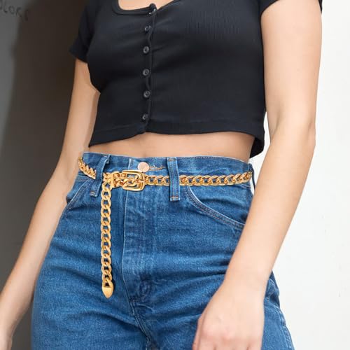 Women's Metal Waist-Chain-Belt Golden-Cowgirl-Belts Adjustable Waistband | Chain Belt for Women, Gold Chain Belt for Dresses Jeans