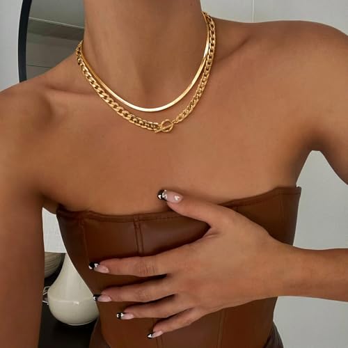 CHESKY 14K Gold Plated Chunky Necklace for Women, Trendy Toggle Clasp | Statement Pendant Necklace, Layered Paperclip Chain, Toggle Clasp Design, Thick Gold Chain, Non Tarnish Everyday Jewelry - color: gold, style: cuban+herringbone