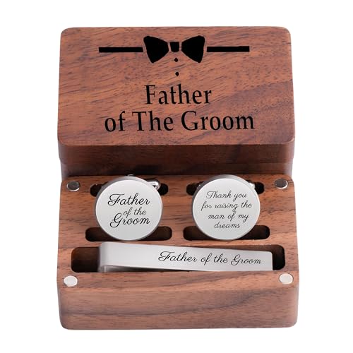 Father of the Bride Gift Set, Wooden Box with Cufflinks and Tie Clip, Bow Tie Design, Wedding Keepsake - color: C2