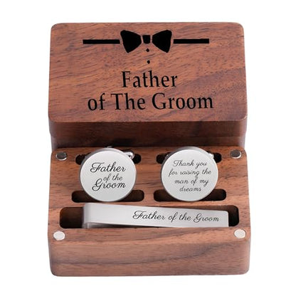 Father of the Bride Gift Set, Wooden Box with Cufflinks and Tie Clip, Bow Tie Design, Wedding Keepsake - color: C2